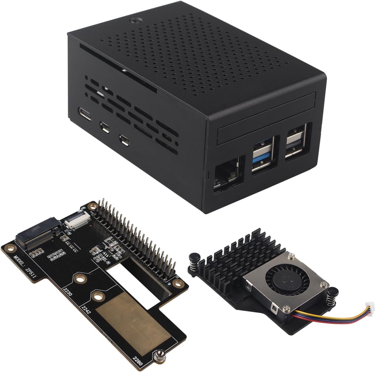 SnelShoppen - PCIe naar M.2 Key M NVMe SSD HAT met Aluminium Behuizing en Actieve Koeler voor Raspberry Pi 5 - Ondersteunt M.2 NVMe SSDs 2230 2242 228