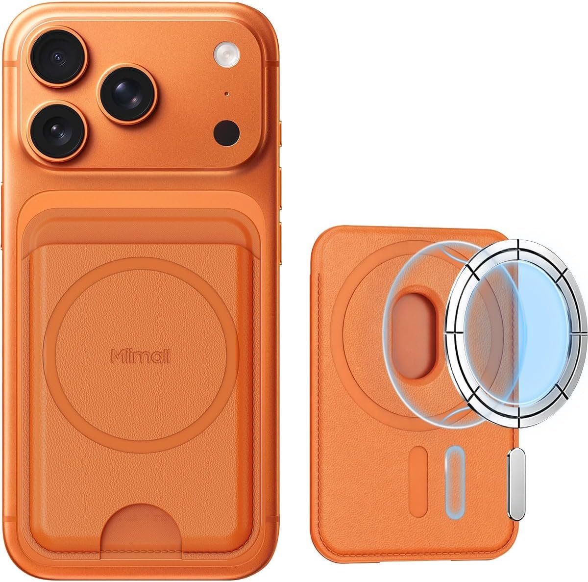 SnelShoppen - Mag-Safe Wallet voor iPhone 17 16 15 14 13 12 Series - Slim Magnetisch PU Leren Wallet voor 3 Kaarten - Oranje Minimalistisch Design