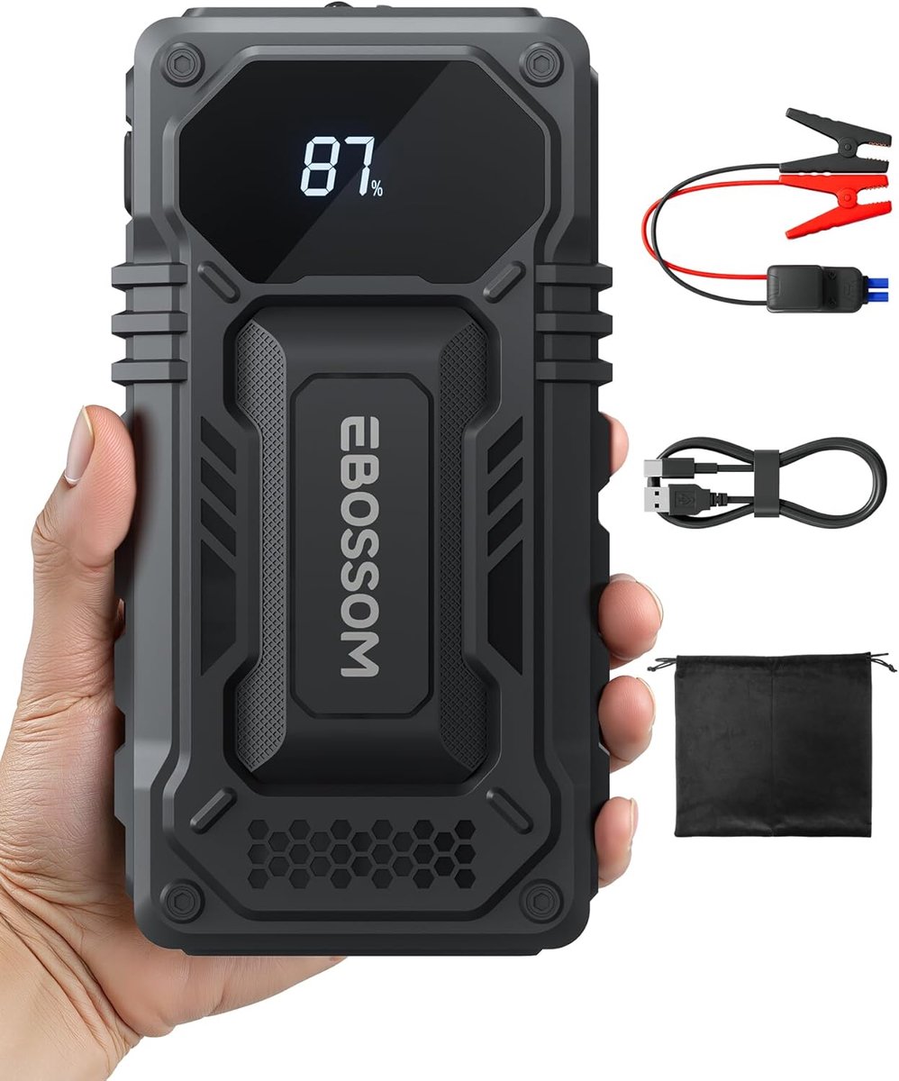 SnelShoppen - Powerbank voor Auto's 44.4Wh, Jump Starter 12000mAh, Startondersteuning voor 12V Voertuigen, Accu Booster met LED en Noodstartkabel