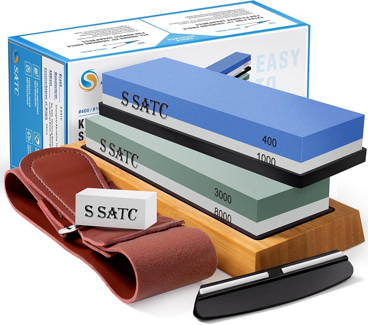 SnelShoppen - Professioneel Slijpsteen Set 400/1000/3000/8000 - Wetsteen met Antislip Basis, Hoekgids, Leerband voor Keukenmessen, Scharen en Gereedsc