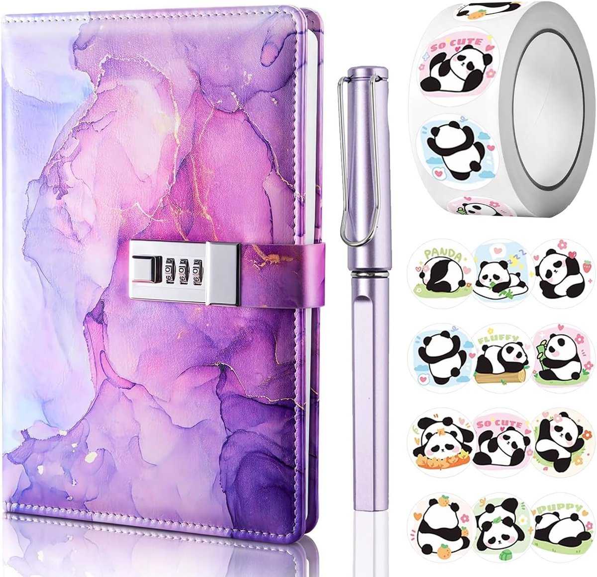 SnelShoppen - Dagboek met Slot voor Meisjes, A5 Notitieboek met Code, PU Lederen Journal met Pen en Grappige Stickerset, Geheim Marmeren Notitieboek v