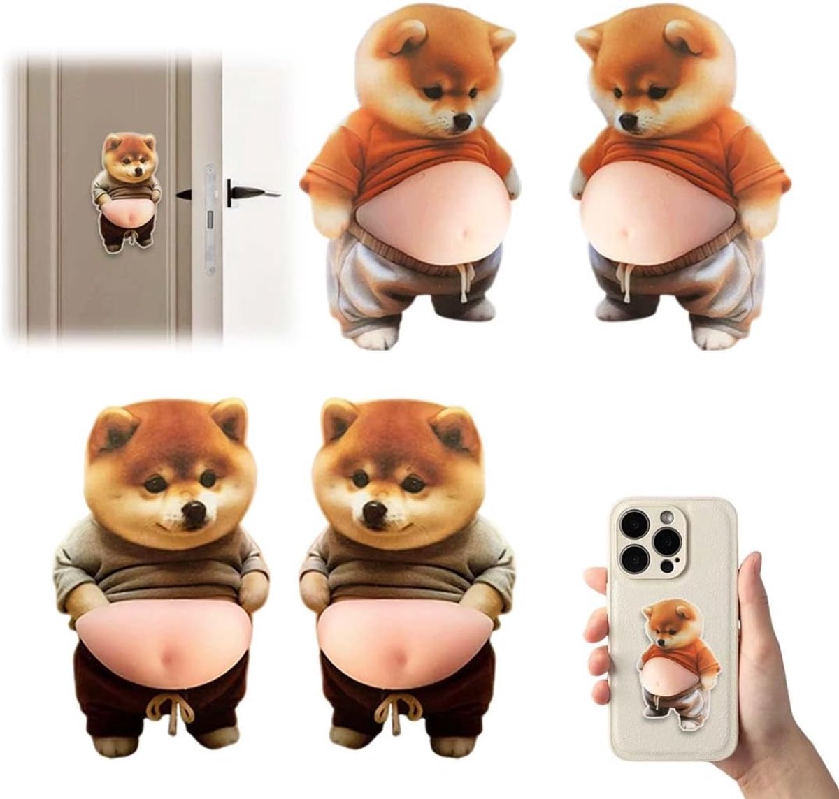 SnelShoppen - 4 Stuks Deurstopper Stickers, Grappige Shiba Inu Puppy met Grote Buik PVC Deurstopper Stickers, 11 x 7 cm, Multi-kleurige Opties voor Be