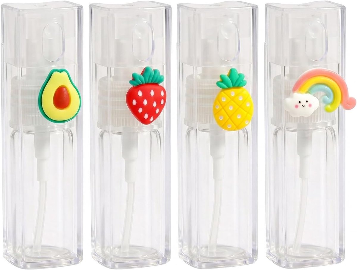 SnelShoppen - 4 Stuks Navulbare Parfumverstuivers 10 ml met Cartoon-Design Avocado, Aardbeien, Ananas en Regenboog - Draagbare Mini Spuitflessen voor