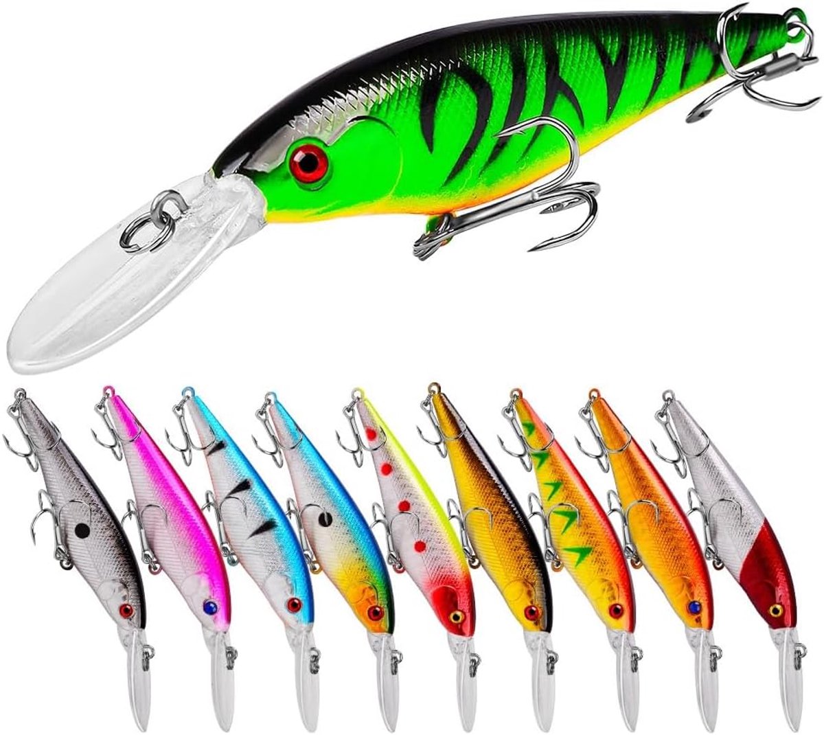 SnelShoppen - Fishing Reel Hard Bait met 3D Ogen - Crankbait Swimbait 10st - Duurzaam Vissen voor Zoet en Zout Water, Perfect voor Baars, Forel, Zande