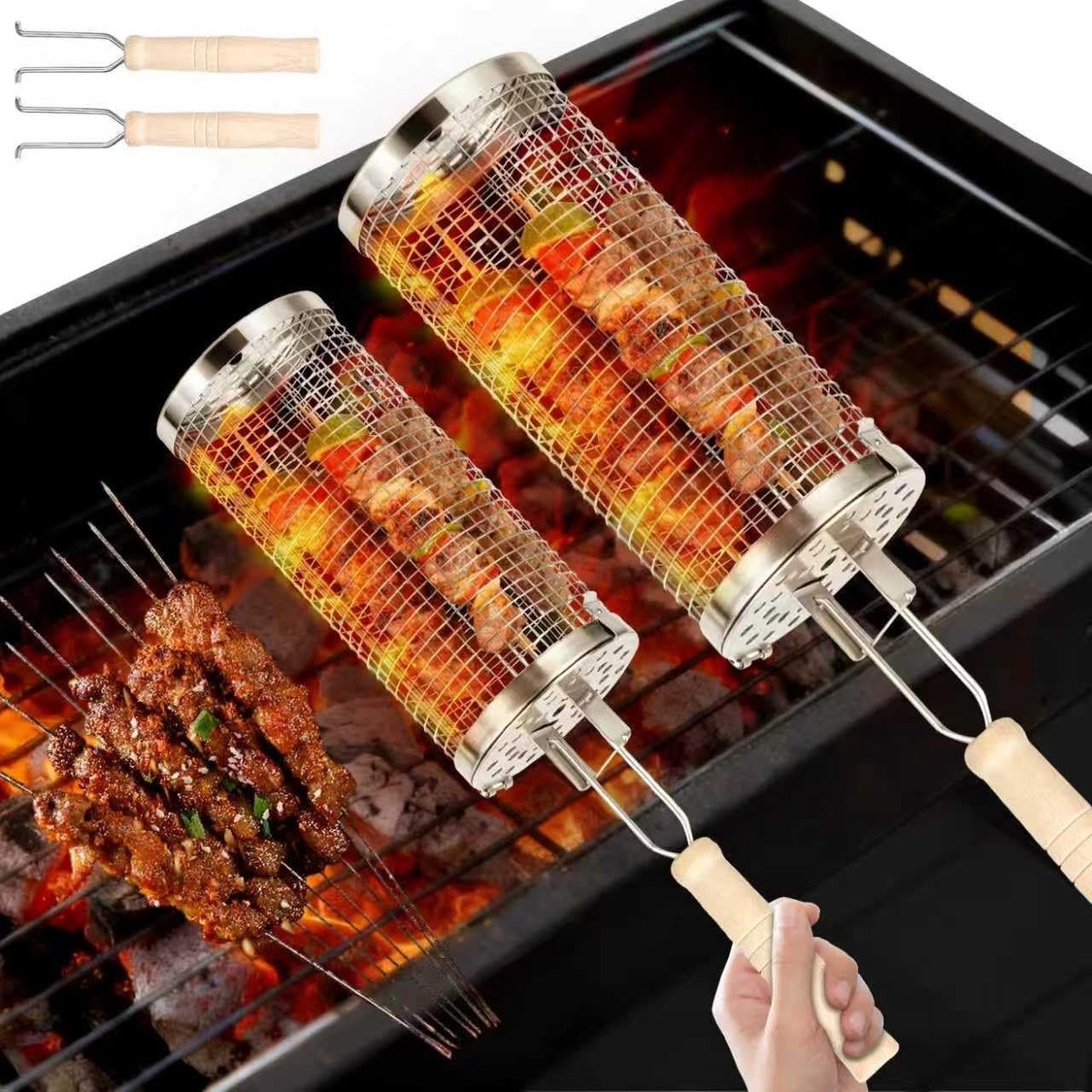 Cilindrische Grillmand van RVS, 2 Stuks, Houten Handvat, Perfect voor Groenten, BBQ Accessoires, Buitenkeuken, Grillen en Barbecueën