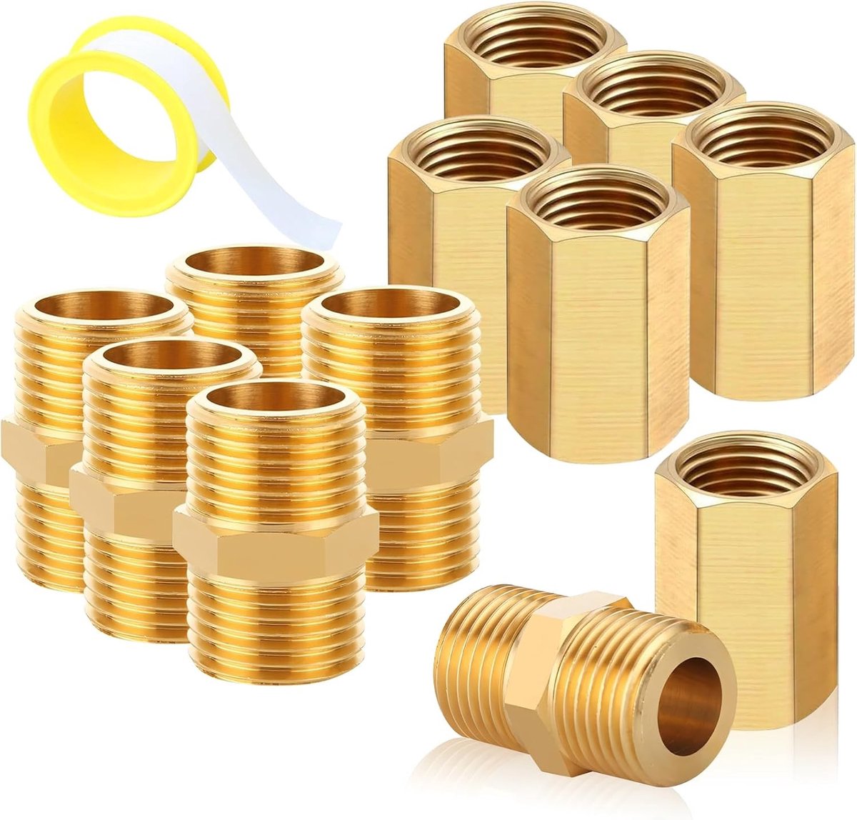 12 stuks 3/8 inch messing nippels en zeskantnippels, AG/IG buisconnectoren met afdichtingstape voor water- en gasaansluitingen