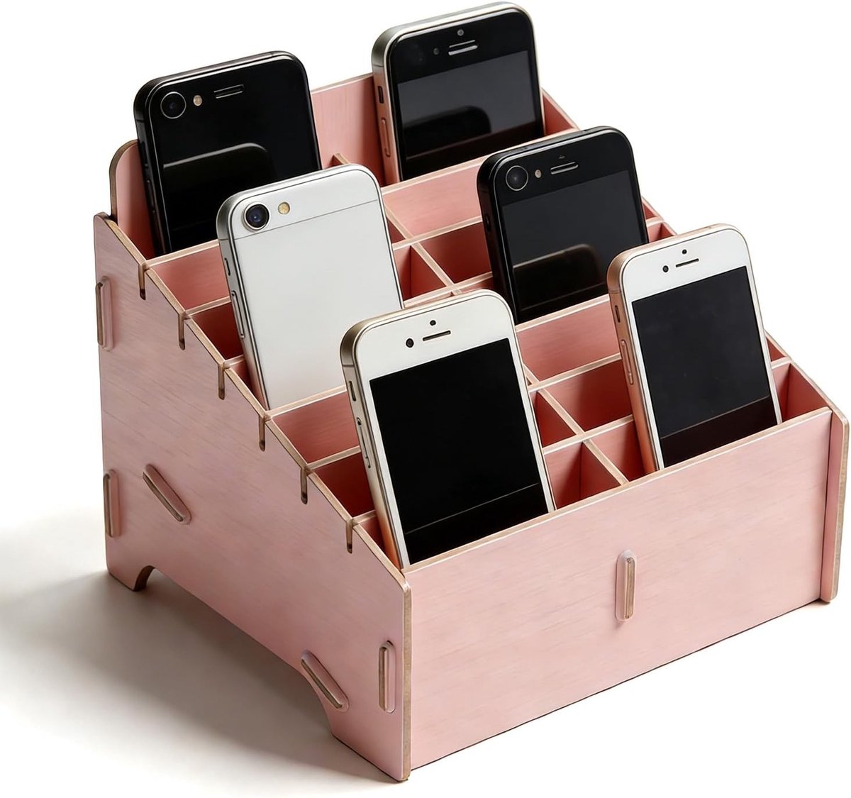 Houten Telefoonopbergbak met 14 Compartimenten: Multifunctionele Organizer, Bureau Stand en Opbergruimte voor Telefoons, Tablets en Accessoires
