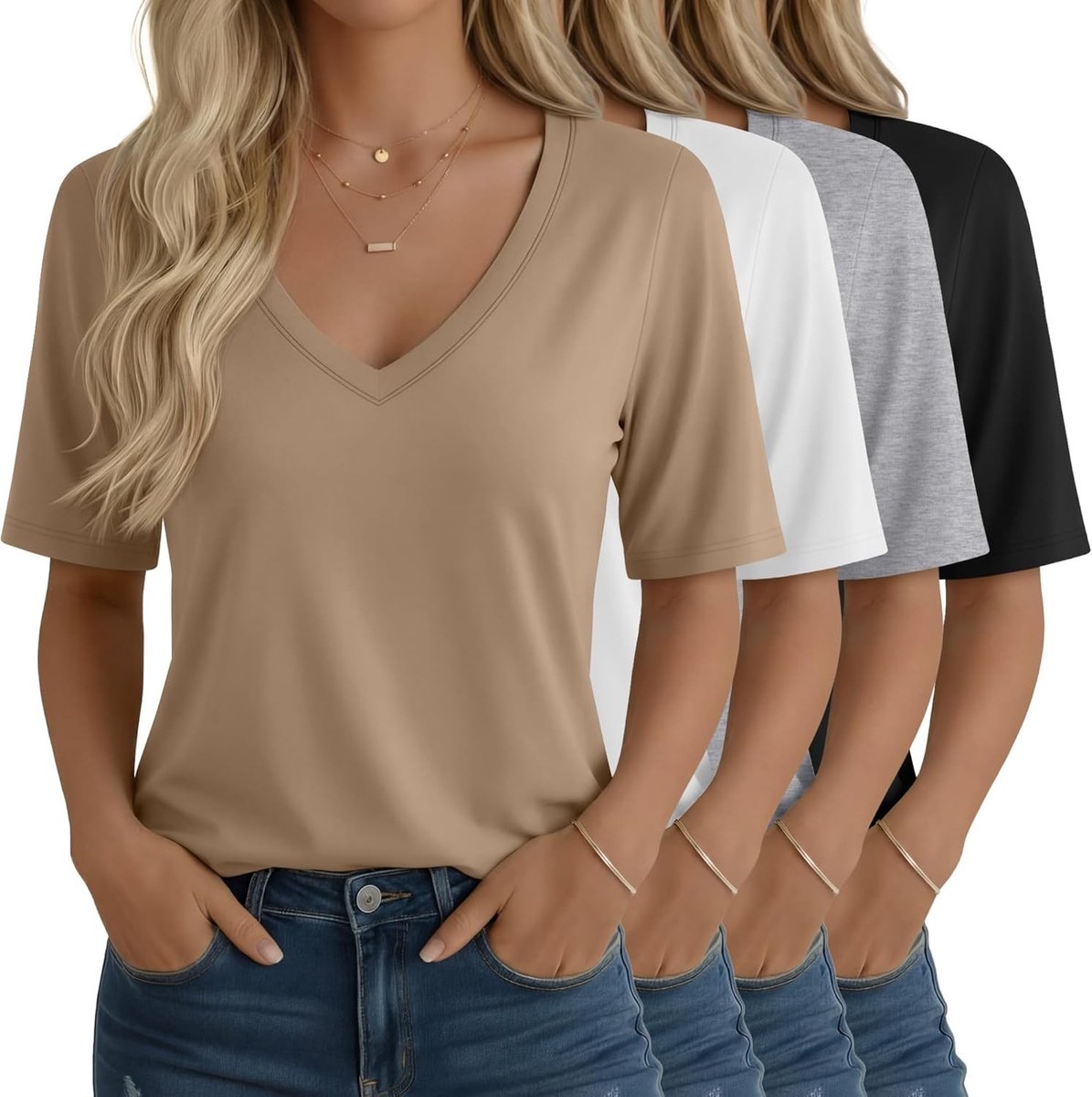 Dames halfmouw T-shirts V-hals in 4-pack, ellebooglange tops met losse pasvorm voor casual zomerlook