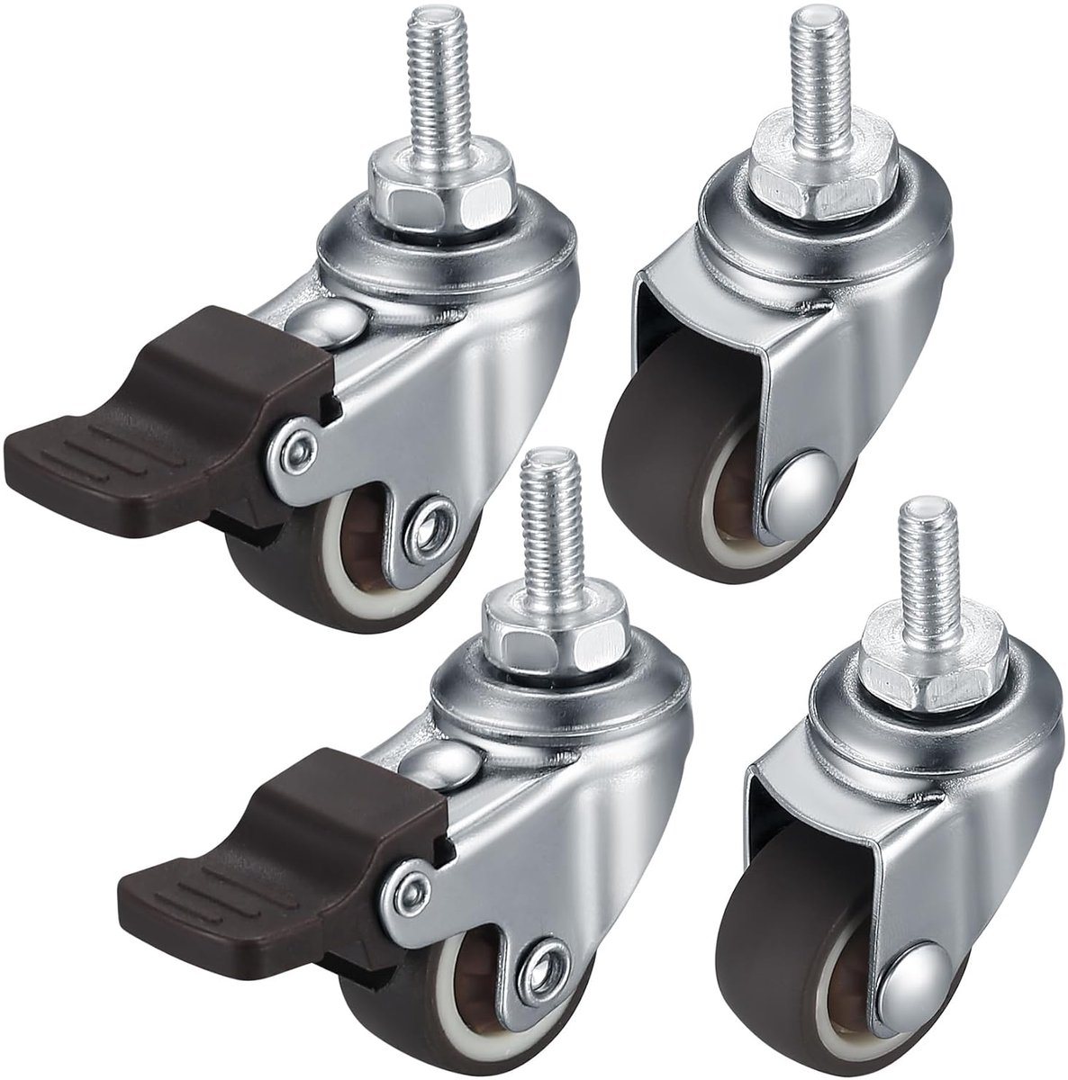 SnelShoppen - Casters voor Meubels, 4 Stuks M8 Meubelwielen, Kleine Zwenkwielen met Rem, 360 Graden Draaibaar, Stille, Antislip Rubberwielen, Voor Bin
