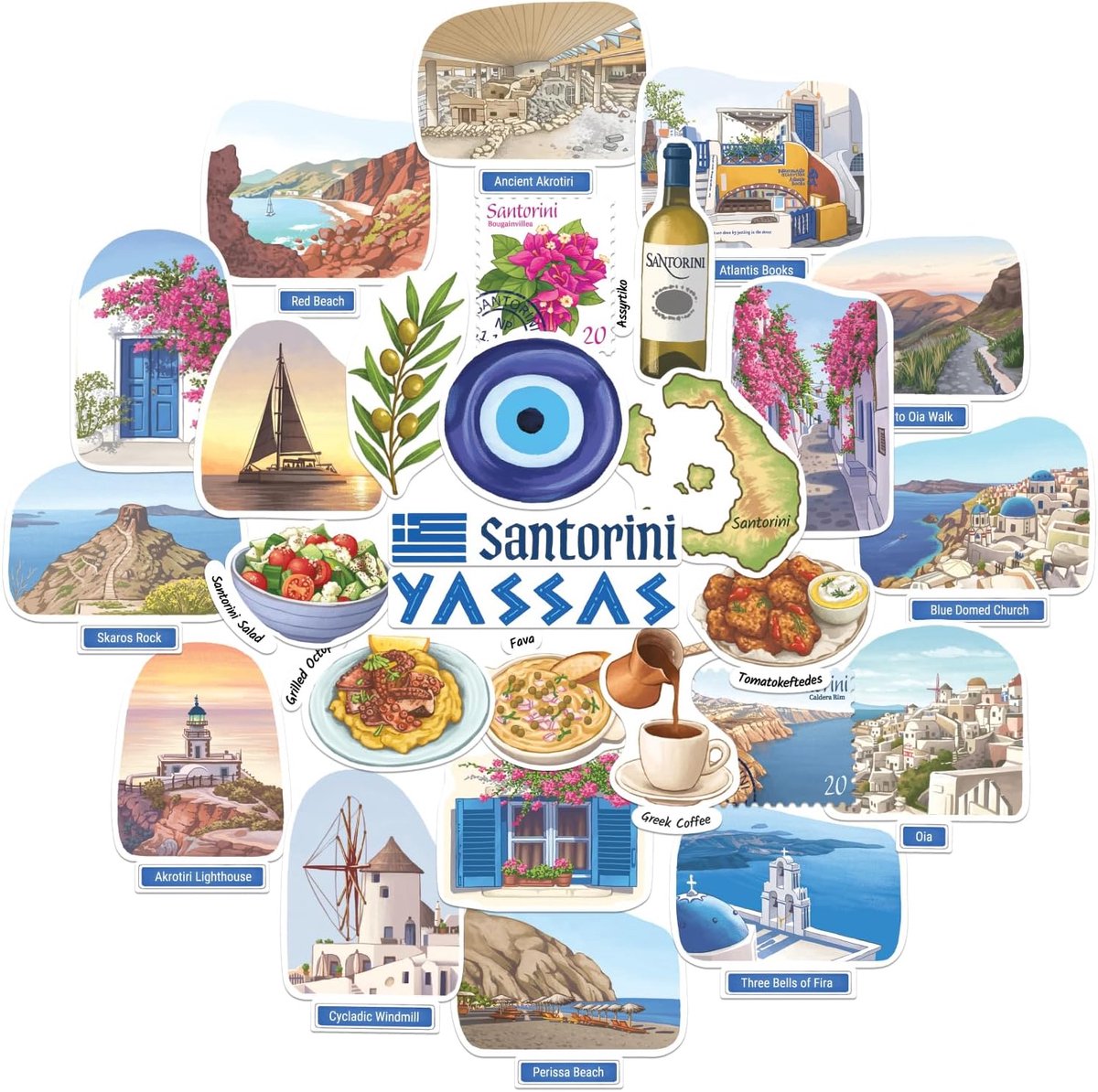 SnelShoppen - Navy Peony Santorini Statement Stickers - Handgetekende Gouache, Glanzend, Waterdicht - 28 Stuks voor Koffers, Laptops, Waterflessen, Fe
