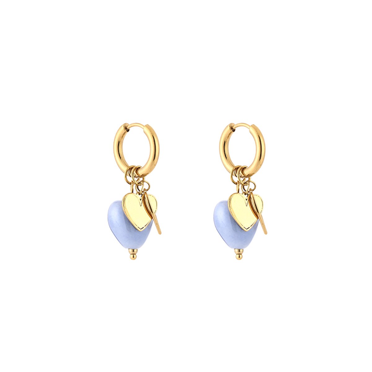 Stainless Steel Gewelfd Hart & Glanzende Kraal Bedel Oorringen – Trendy Multi-Charm Hoops – RVS - Goud/Blauw