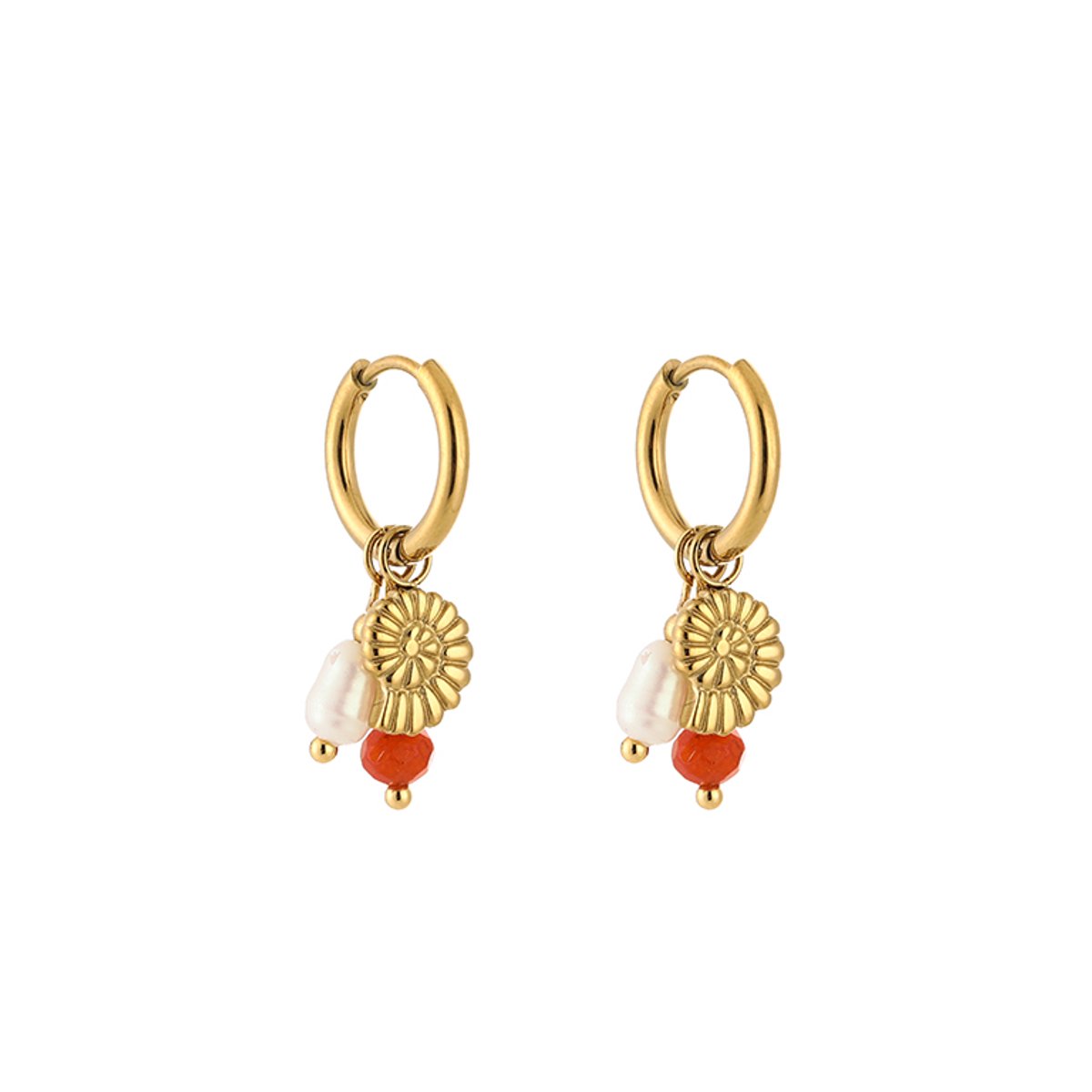 Stainless Steel Reliëf Schelp & Gelaagde Kraal Bedel Oorringen – Oceanische Multi-Charm Hoops – RVS - Goud/Oranje