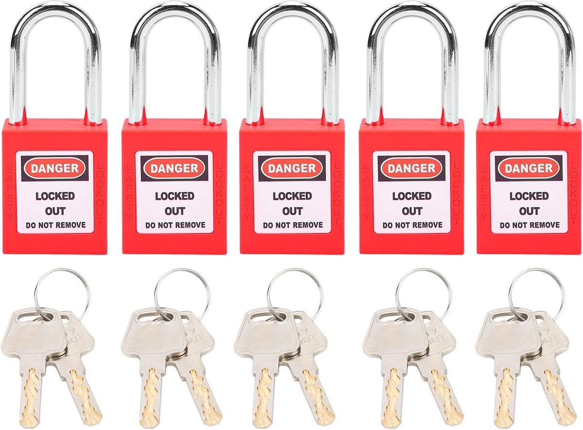 SnelShoppen - Lockout Tagout Slot Set 5 Stuks Veiligheids Hangslot Klein met 2 Sleutels LOTO Nylon PA Staal voor Transport Kernenergie Logistiek (Rood