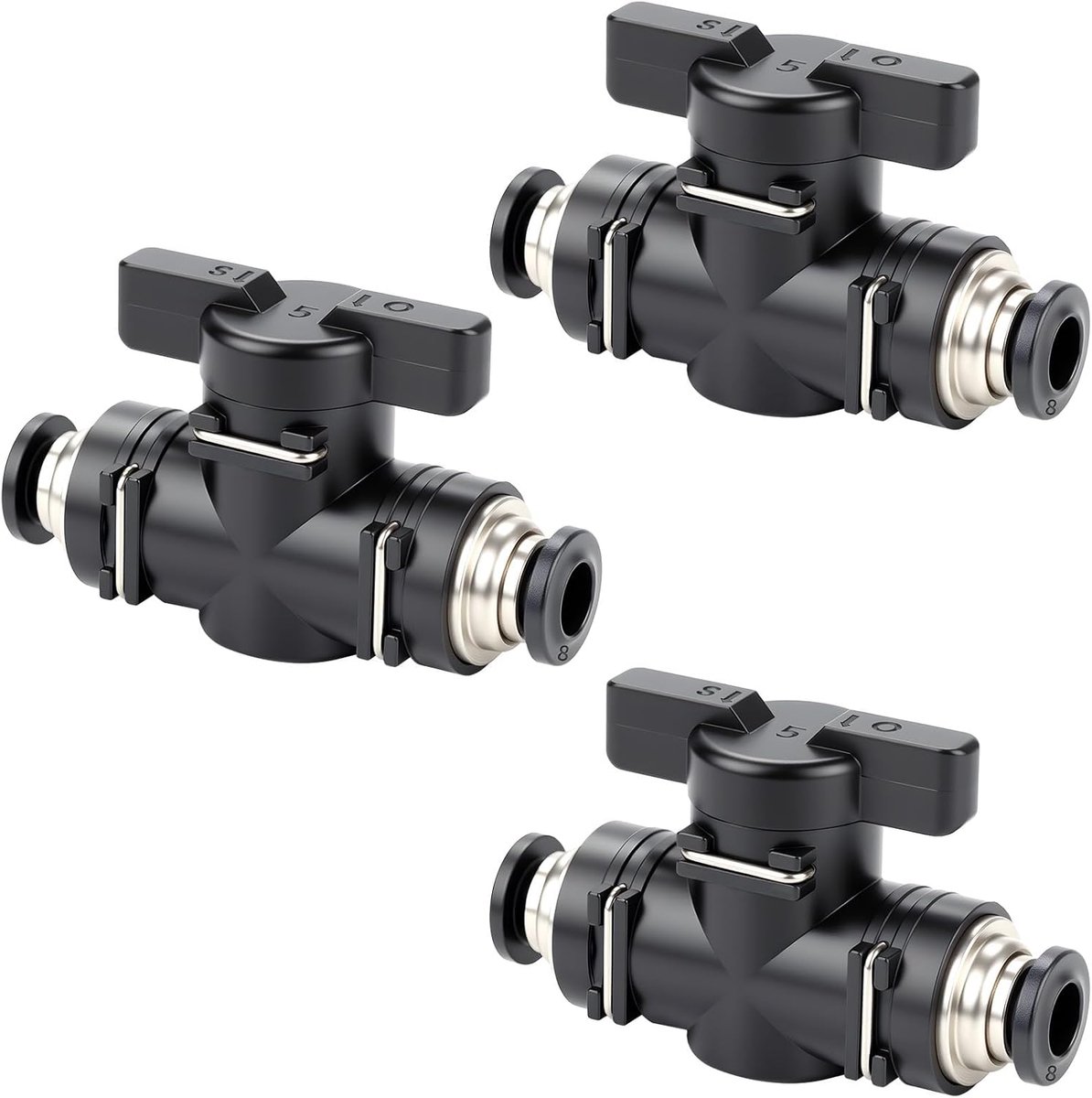 3x Rechte Pneumatische Koppeling 8mm met Afsluitkraan - Snelkoppeling Luchtleidingen