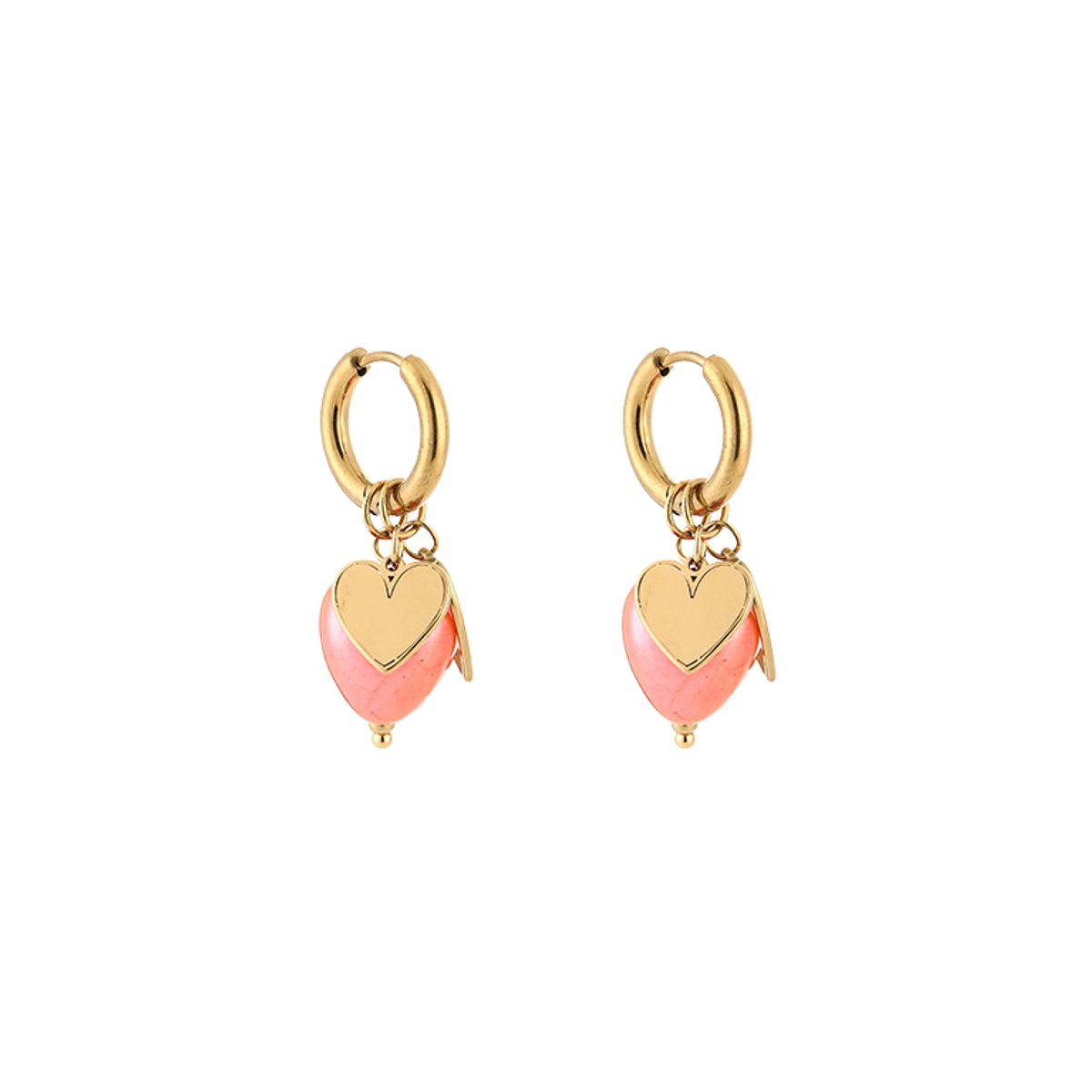 Stainless Steel Gewelfd Hart & Glanzende Kraal Bedel Oorringen – Trendy Multi-Charm Hoops – RVS - Goud/Oranje