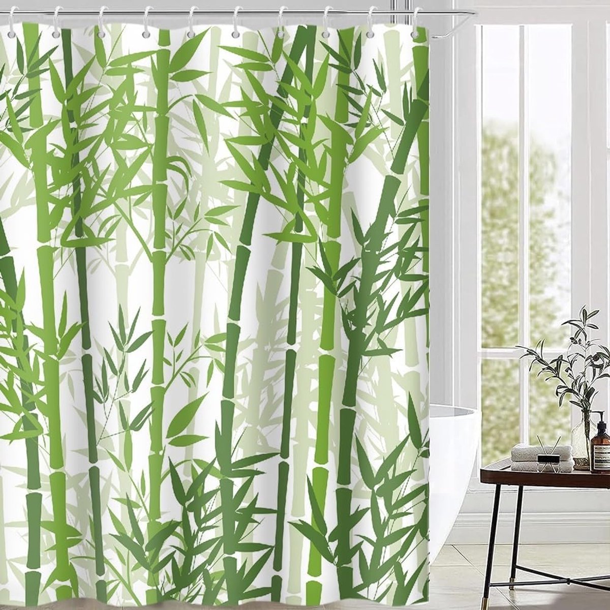 SnelShoppen - Douchegordijn 180 x 200 cm, Schimmelbestendig, Saliegroen, Bamboe Design, Waterdicht, Wasbaar, Polyester, Badgordijnen voor Badkamer met