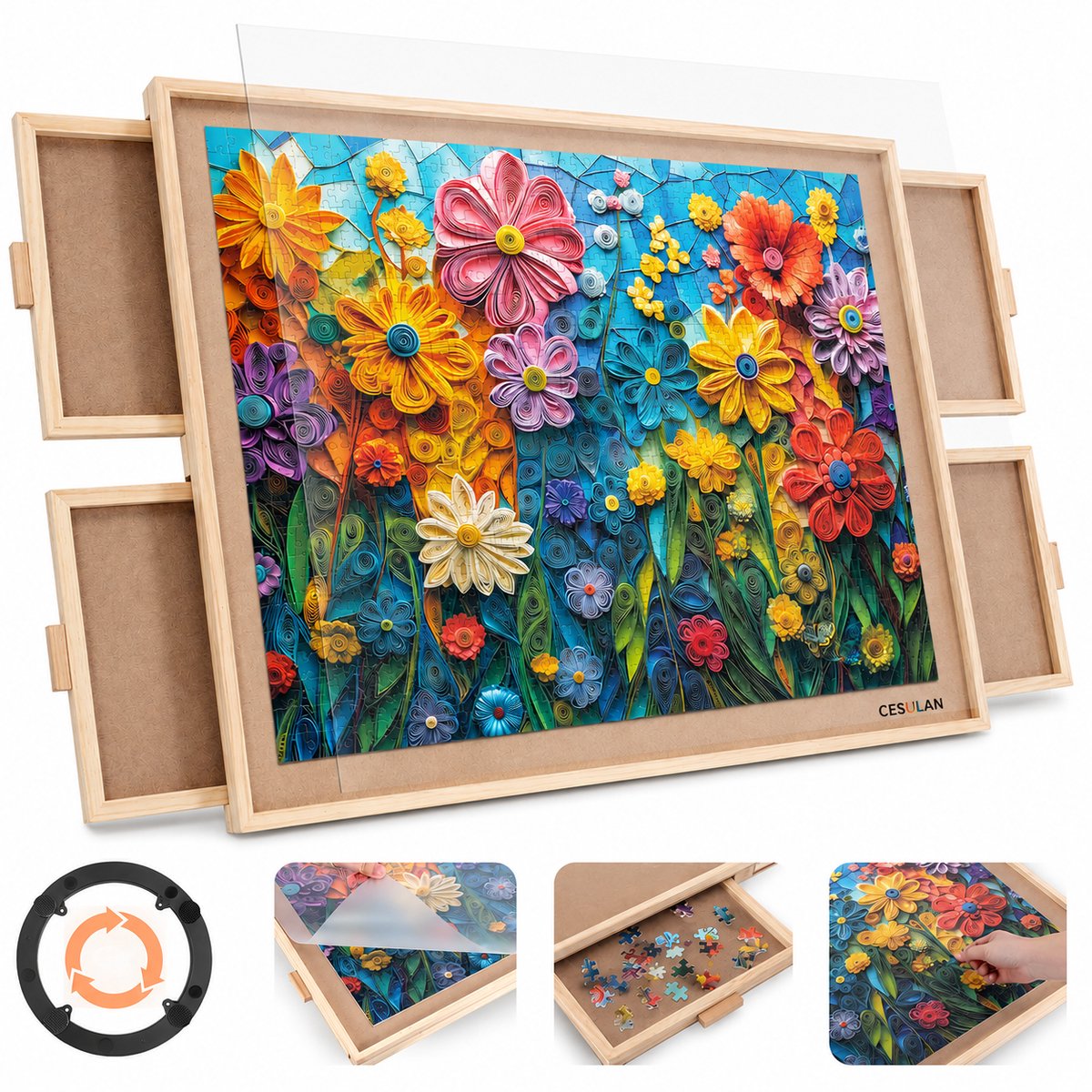 Cesulan Puzzeltafel met lades 1500 stukjes - Draaibaar, Kantelbaar en in Hoogte Verstelbaar - 4 Uitschuifbare Lades - Antislip Puzzelplank van Flanel - Inclusief Cover