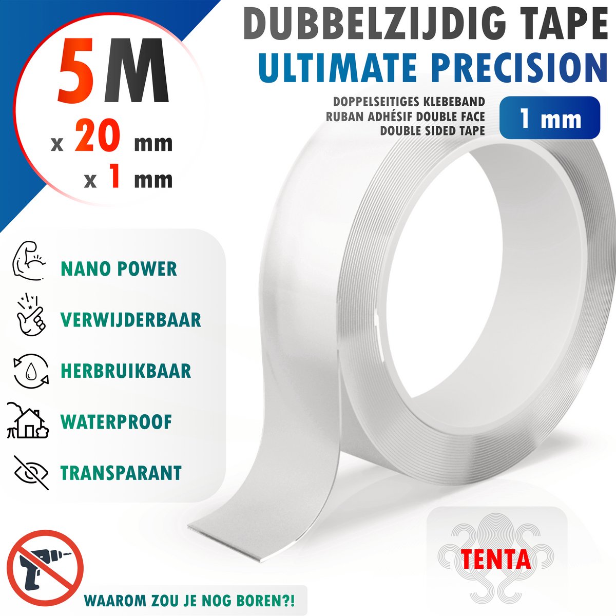 Dubbelzijdig Tape Extra Sterk 5m x 20mm x 1mm - TENTA Ultimate Precision
