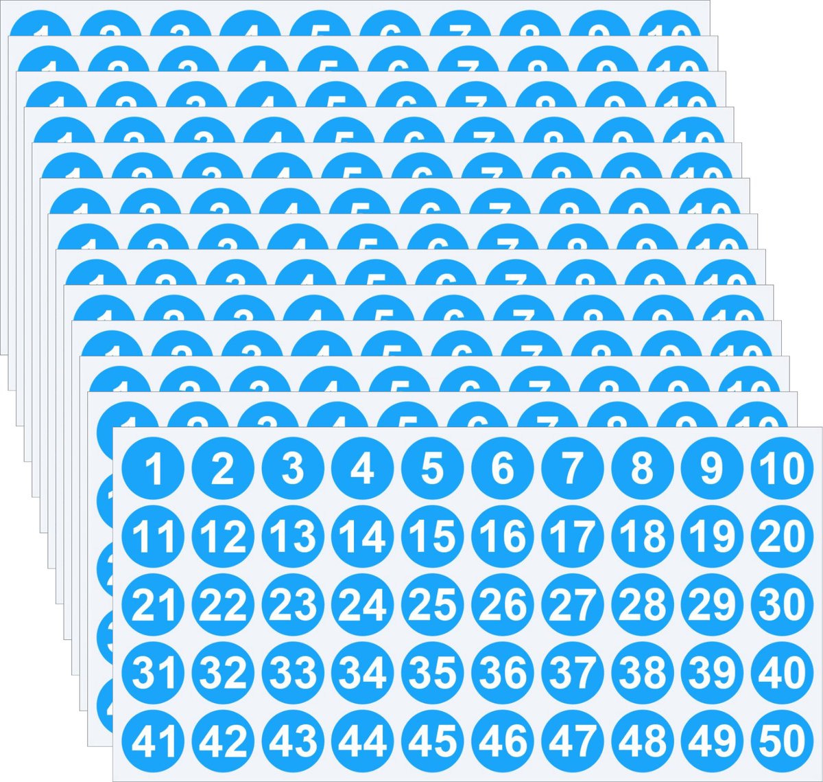 Genummerde Stickers blauw 1 t/m 50 – 10 Vellen – Ronde Nummerstickers 1 cm – Zelfklevende Etiketten