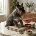 Grijze schnauzer op een tafel, krijgt zijn ondervacht geborsteld. Een kam met houten handvat wordt gebruikt. Een bruine halsband en koekjes liggen naast de hond.