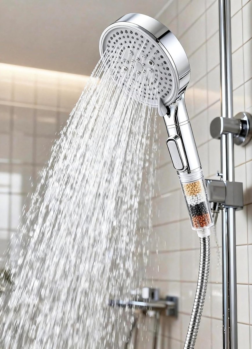 SnelShoppen - Waterbesparende Handdouche met 5 Stralen, Drukverhogende Doucheset met 3-Laags Filtratie en Mineralen Steentjes, Wit, Geborsteld (Zilver
