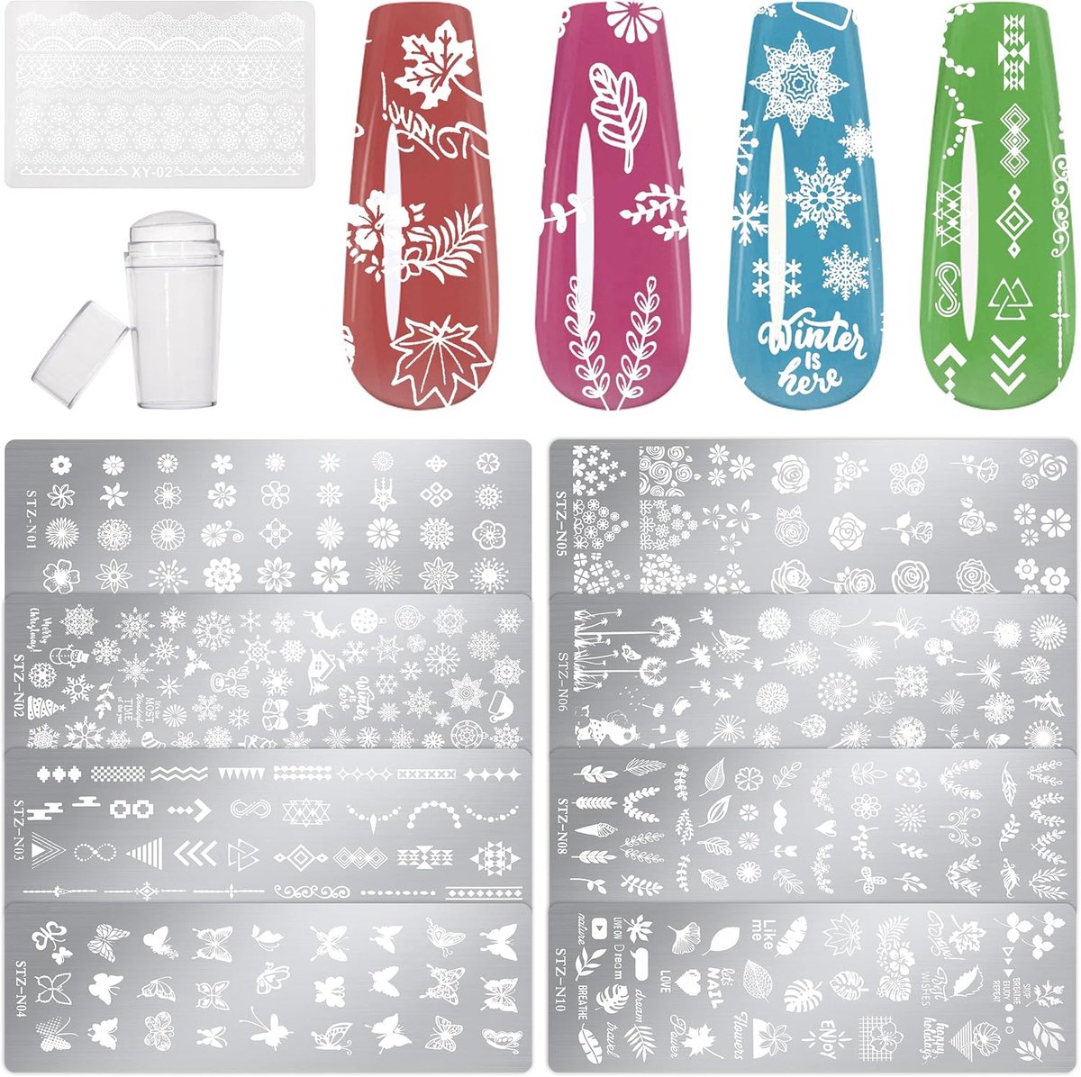 SnelShoppen - Nail Art Stempelplaten Set van 8, Roestvrij Staal, Nagellak Stempel & Rakel voor Doe-het-zelf Manicure, Perfect voor Nail Art Fotoafdruk