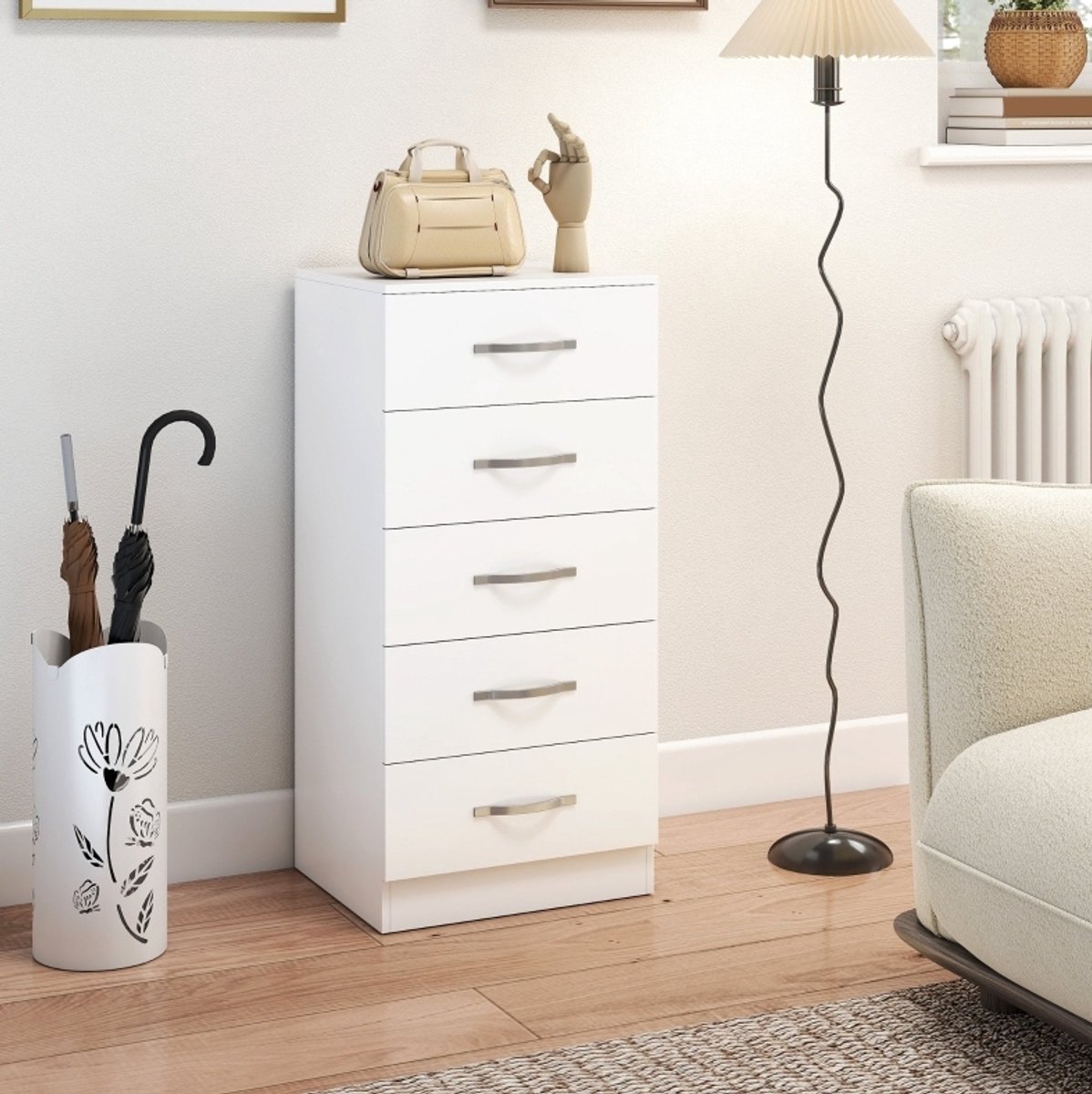 COVREO Ladekast 40x35x85 cm wit van spaanplaat met 5 lades en anti-kantelvoorziening
