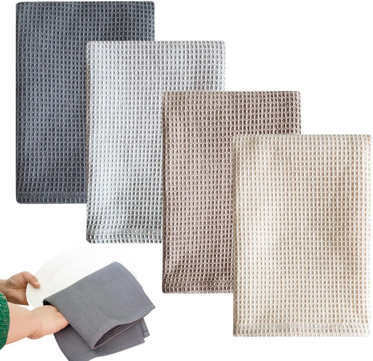 SnelShoppen - 4 stuks theedoeken katoen 45x65 cm wafelstructuur absorberend pluisvrij duurzaam in 4 kleuren voor keuken en huishoudelijk gebruik