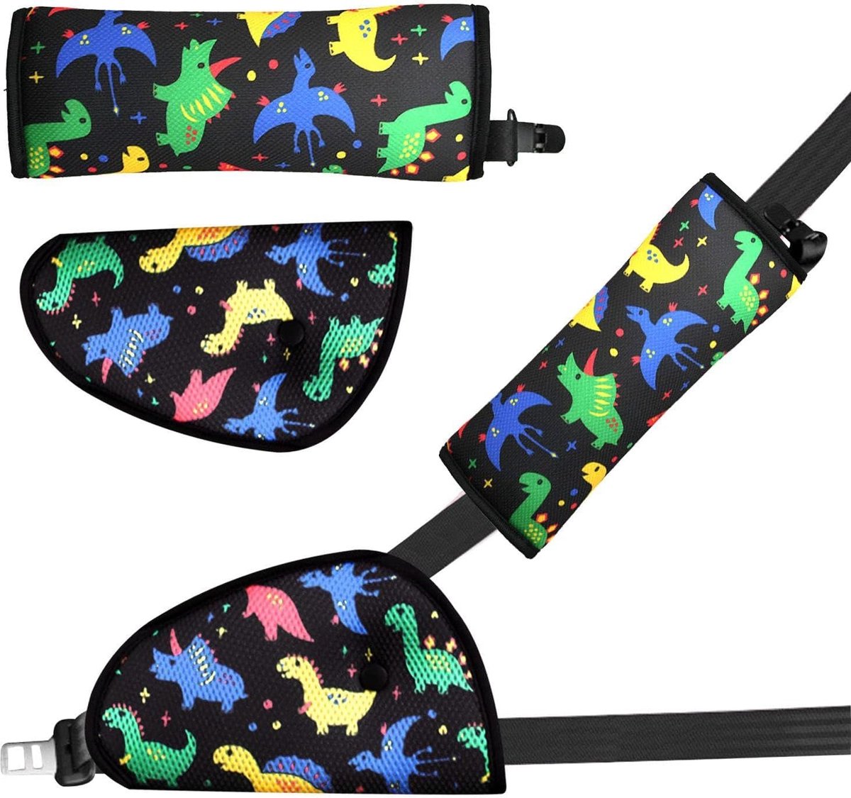 SnelShoppen - Dinosaur Pattern Schouderpads, Autogordel Schouderkussens, Kindvriendelijke Stoelgordelaccessoires, Multicolor Polyester & PP Katoen - 1
