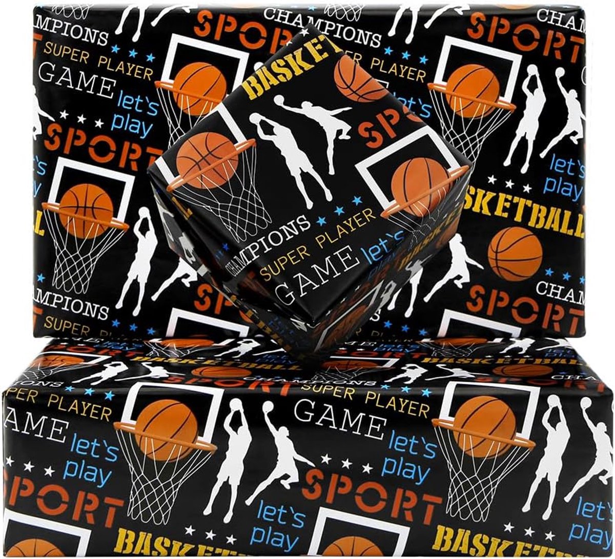 SnelShoppen - Basketball Cadeaupapier - Sportthema Inpakpapier voor Jongens en Mannen - 4 Vellen 50 x 70 cm - Verjaardag Cadeau voor Basketbal Liefheb