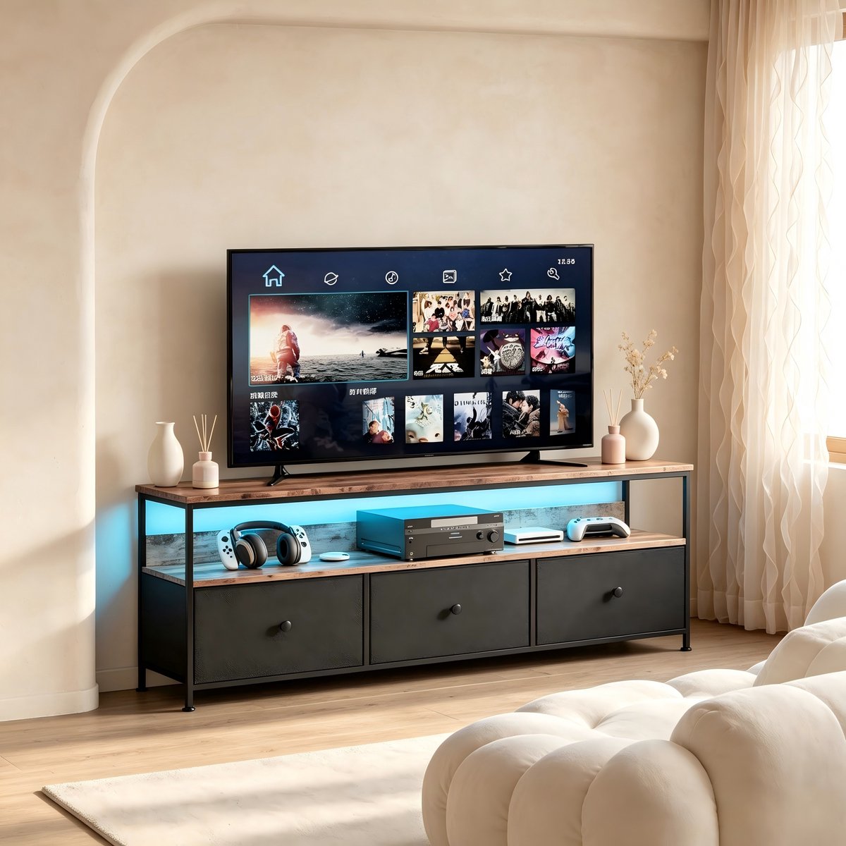 TV Meubel met LED Verlichting, Vintage TV Kast met Smart RGB Verlichting, Industrieel Design, Lage Kast voor Woonkamer, 108/137x30x57 cm