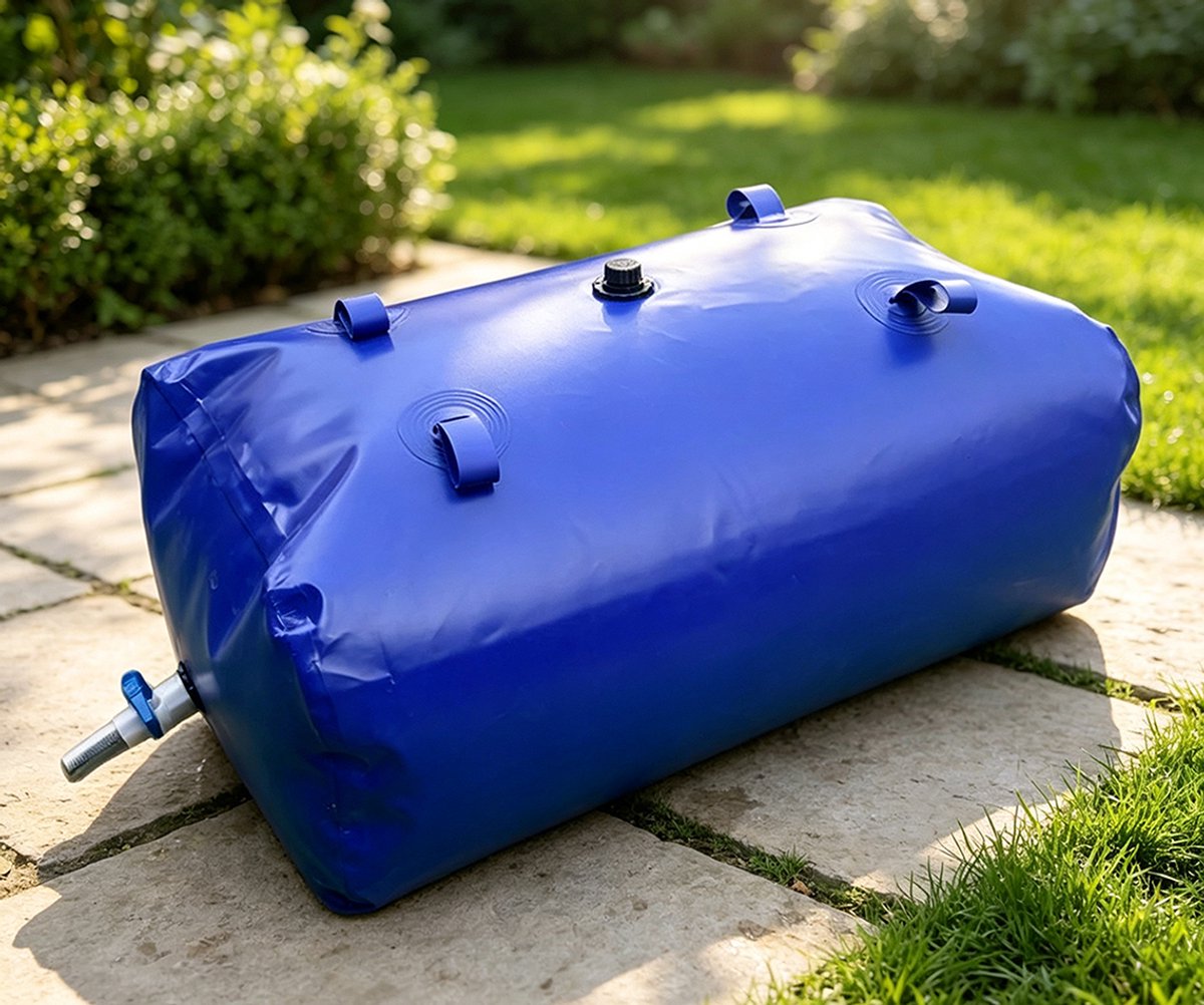 Opvouwbare draagbare waterzak van 110 liter blauw brand en droogtebestendig geschikt voor noodwateropslag in campers en laadbakken van vrachtwagens afmetingen 0,85*0,43*0,34 m blauw