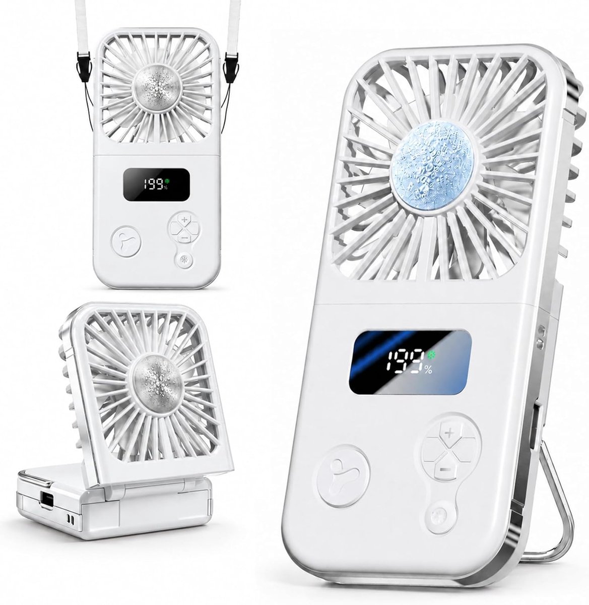 Oplaadbare handventilator – Draagbare miniventilator – Met koelplaat – 199 snelheidsstanden – Opvouwbaar ontwerp – Persoonlijke bureauventilator – Met digitaal display & draagkoord – Geschikt voor reizen, buiten, kantoor en kamperen – Wit