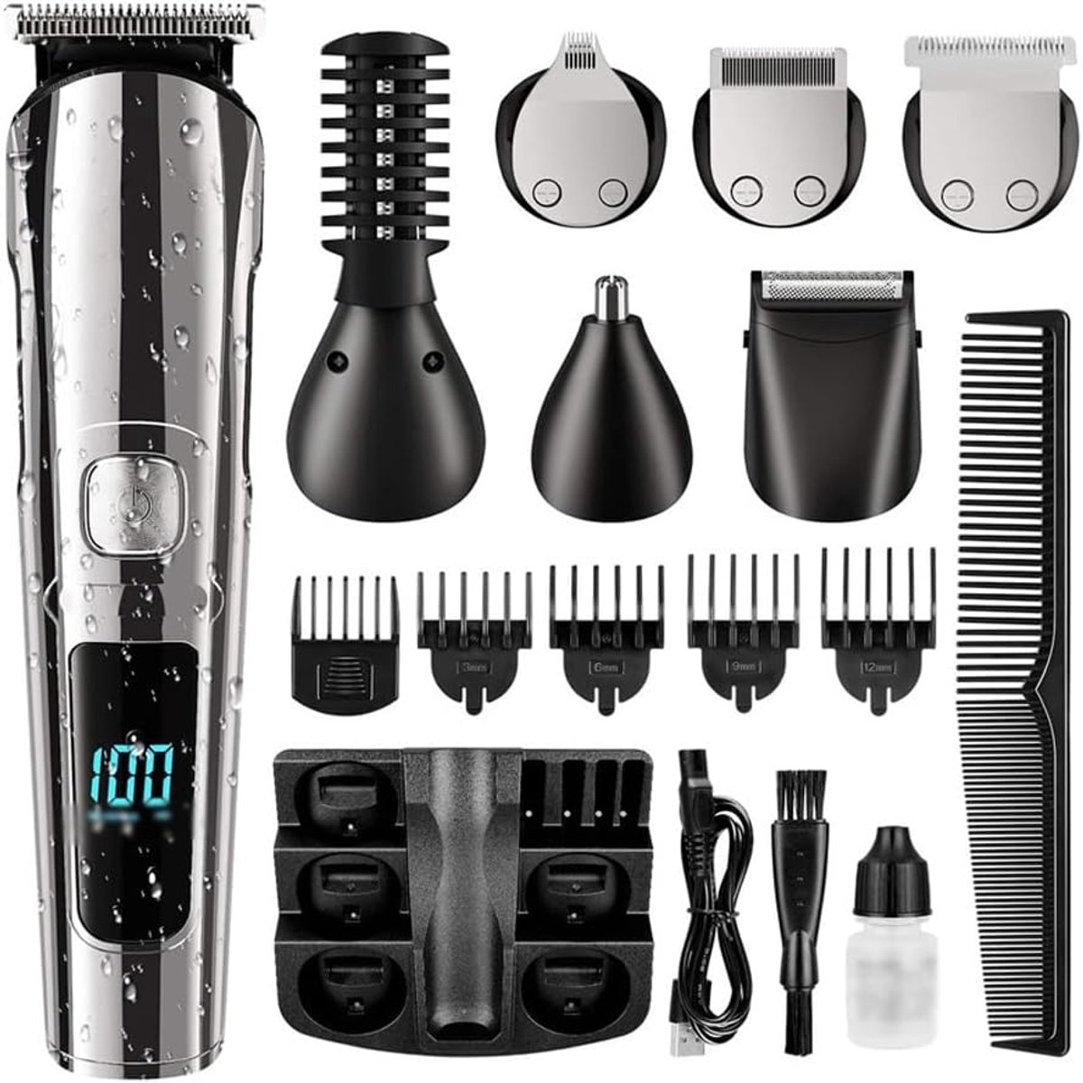 Baardtrimmer voor mannen – Elektrisch scheerapparaat, draadloze tondeuse- en trimmerset, IPX7-waterdichte verzorgingsset voor gezicht, snor en lichaam, inclusief neus- en oortrimmer – Cadeau voor mannen