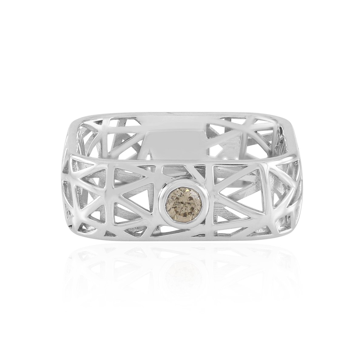 Cavill - Luxe Damesring 925 Sterling Zilver Gerhodineerd - Champagne Diamant 0,099 ct - Briljant Rond Slijpsel - Opengewerkt Design
