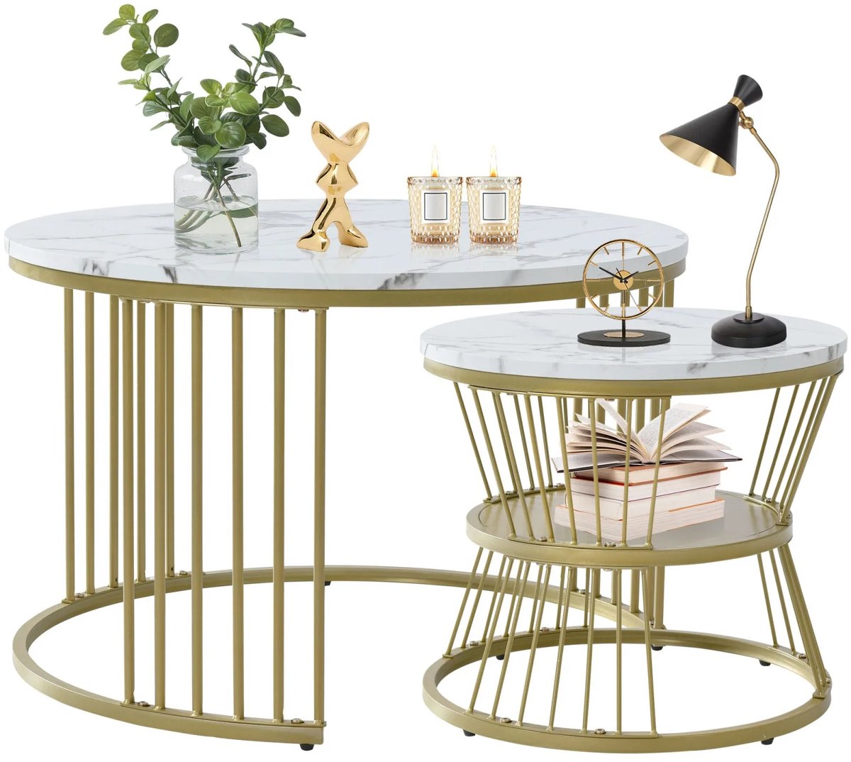 QJ Supply - Salontafelset - Nesttafels - Marmerlook - Bijzettafel - Opbergruimte - Gouden Frame - Modern - Wit/Goud