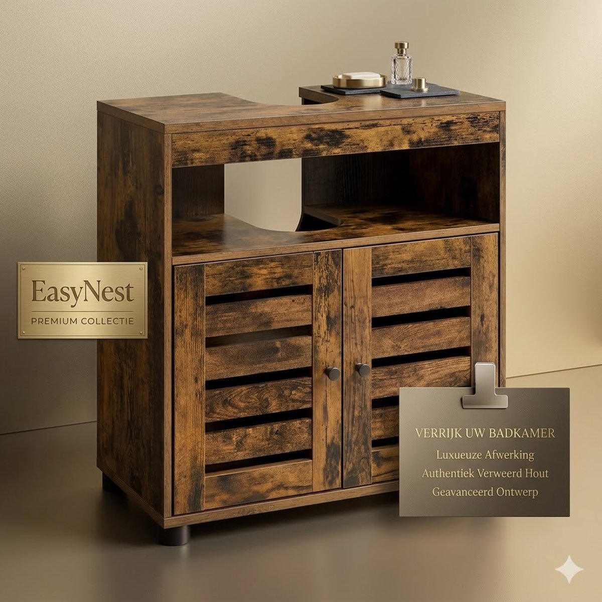 Badkamerkast met 2 Deuren en Verstelbare Plank – Opbergkast voor Badkamer, Keuken of Hal, Ruimtebesparend Voor Kleine Ruimtes – 30 x 60 x 63 cm – Rustiek Bruin