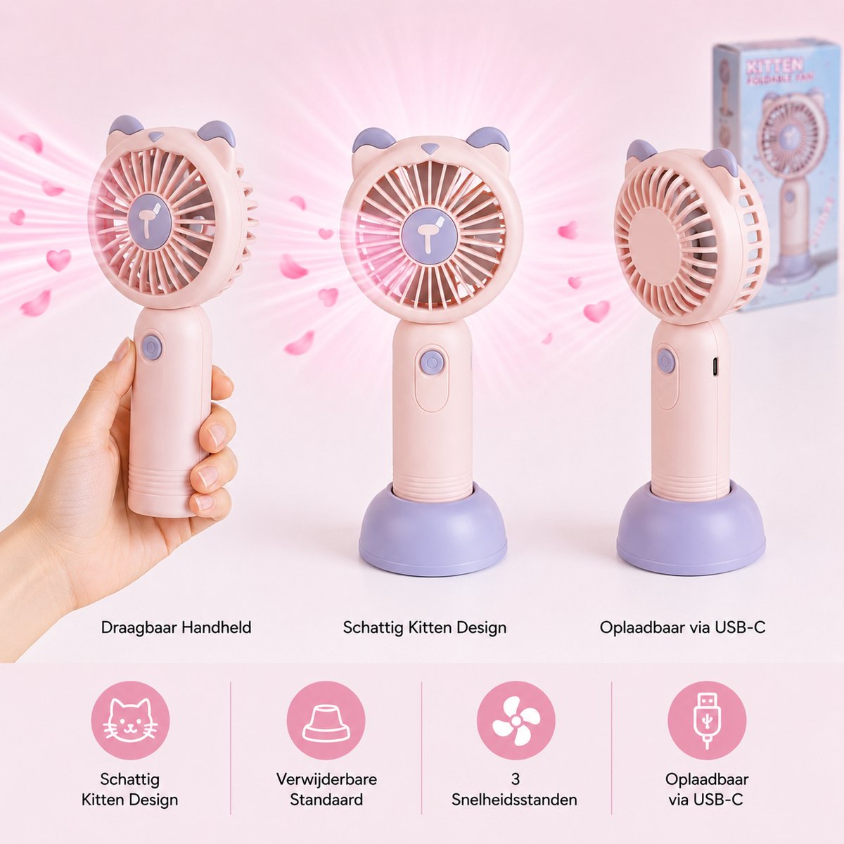 Litalife Handventilator - Draagbaar - USB-C Oplaadbaar - Roze/Paars met Katten Houder
