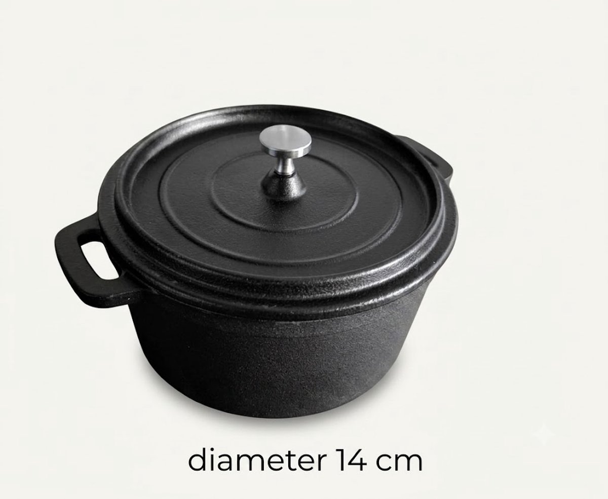 M.T.C© Gietijzeren pannetje-14 cm-met deksel Kleine pan-Serveerpan-Houten onderzetter-Kamado-Dutch oven-BBQ