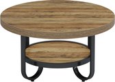 Ronde salontafel met houtlook blad en zwart metalen frame met een extra legbord.