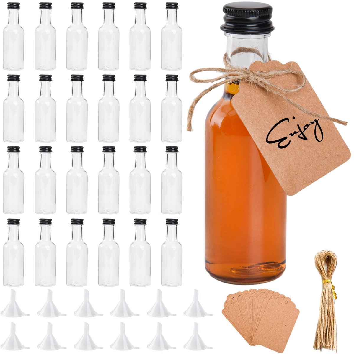 Dailygoods- Likeurflessen 24 stuks - 50 ml mini-flesjes - Plastic shotflessen - Lege jeneverflessen - Navulbaar - Inclusief trechters en labels - Shotfles