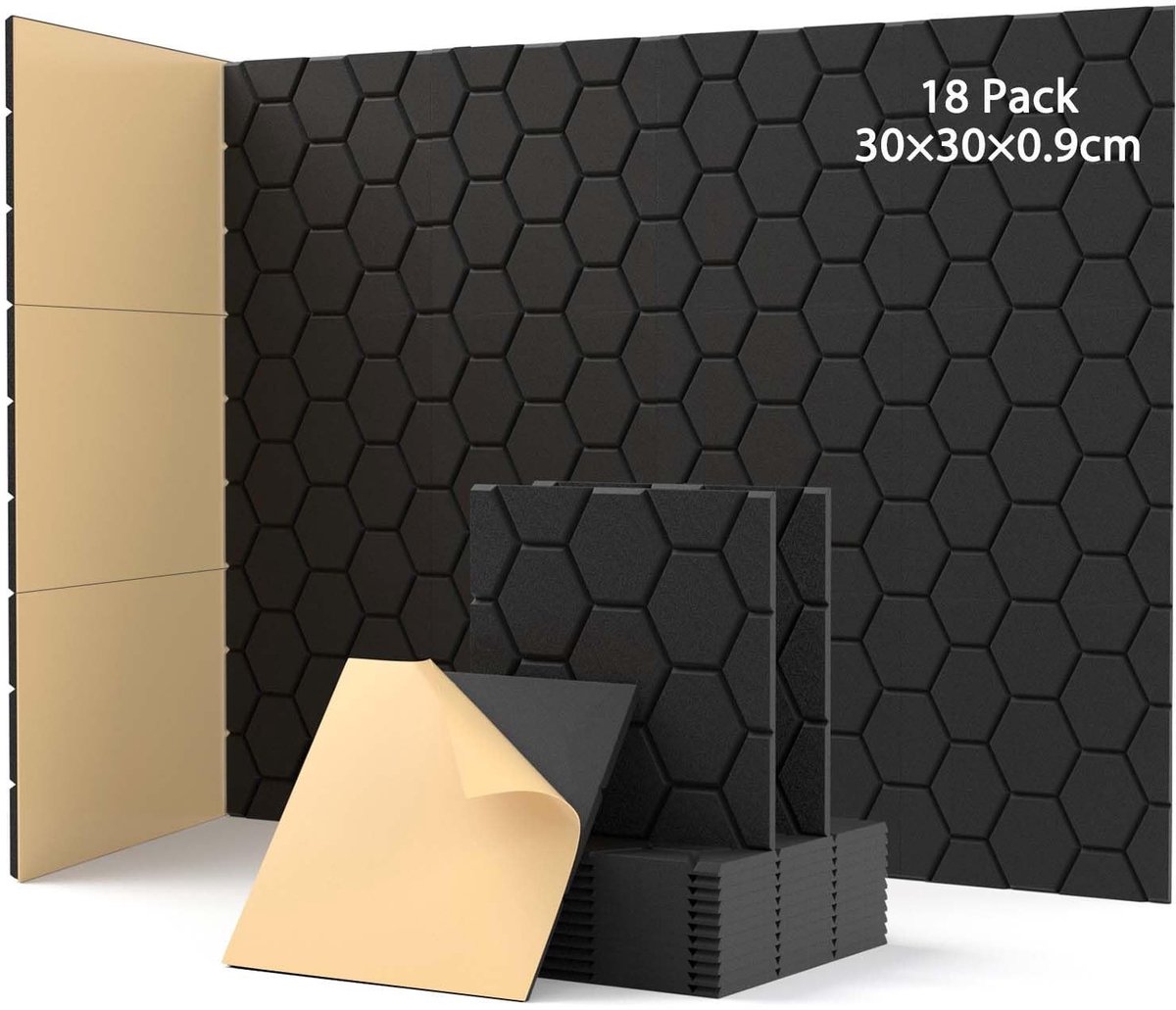 Dailygoods- Akoestische Panelen - 18 Stuks Zelfklevend - Geluidsisolatie - Geluidsabsorbers - 30 x 30 x 0,9 cm - Voor Gamingdecoratie/Studio's - Geluidsabsorber