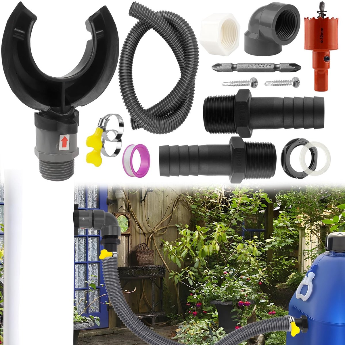 Dailygoods- Regenwaterverzamelaar - Duurzame PVC/Rubber Set - Aansluitset voor Daken 70-110 mm - Waterbesparing - Milieuvriendelijk - Inclusief 14 Stuks Accessoires - Regenton