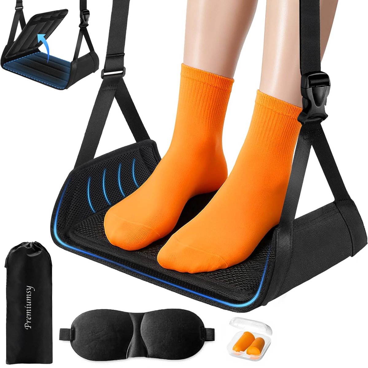 Premiumsy Voetensteun Vliegtuig Set - Voetensteun voor op Reis - Voetenhangmat - Voetkussen - Ook voor Bus en Trein - Reisaccessoires - Inclusief Slaapmasker en Oordopjes
