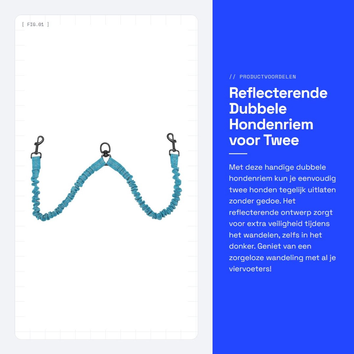 Dailygoods- Dubbele Hondenriem 360° Draaibaar - Hondenriem Voor 2 Honden - Reflecterende Hondenlijn - Lichtblauw - Vrije Handen Tijdens Wandelen
