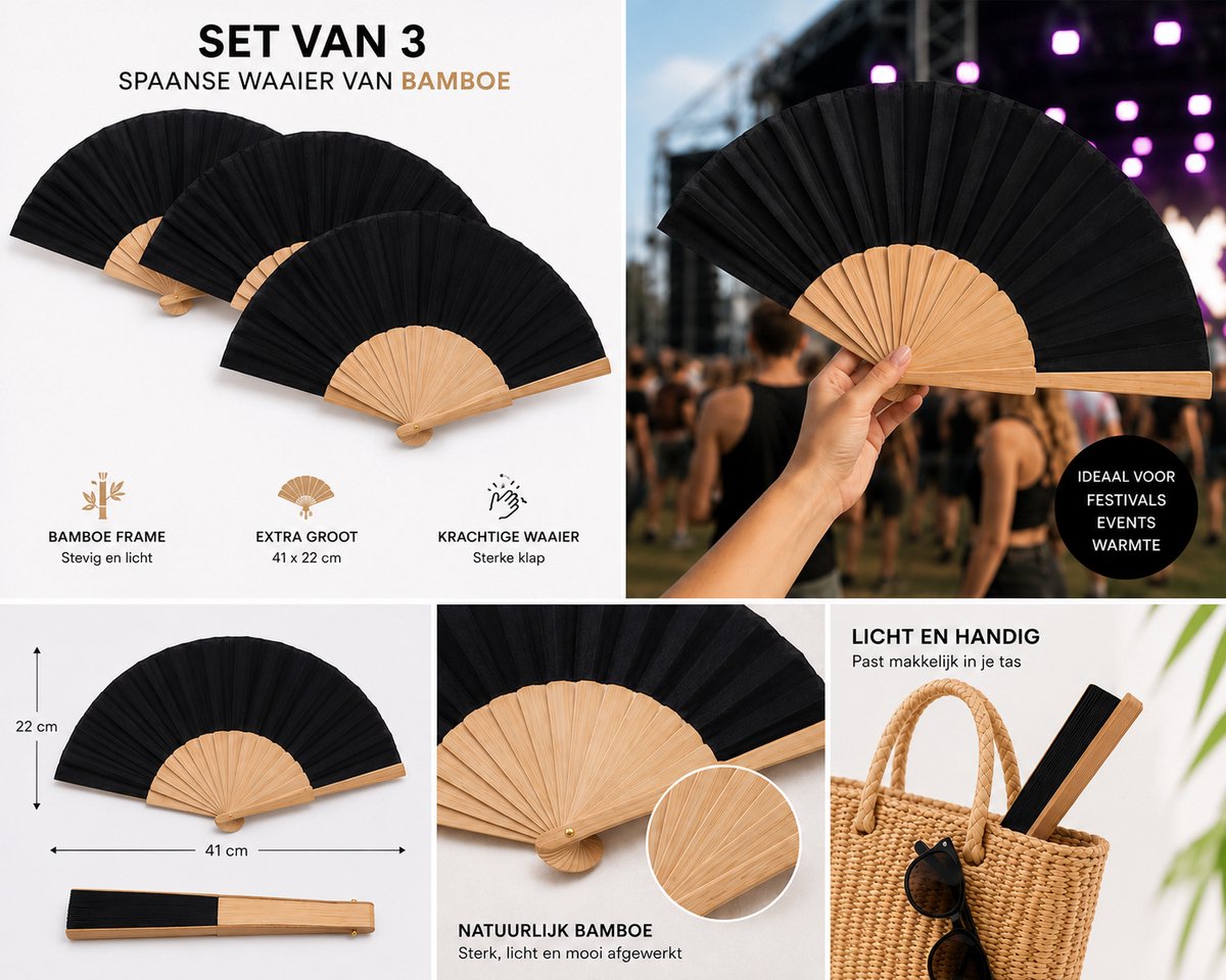 Lupine - Handwaaier - Set van 3 - Zwart - Hout & Polyester - Waaier 41 x 22 cm — afbeelding 7