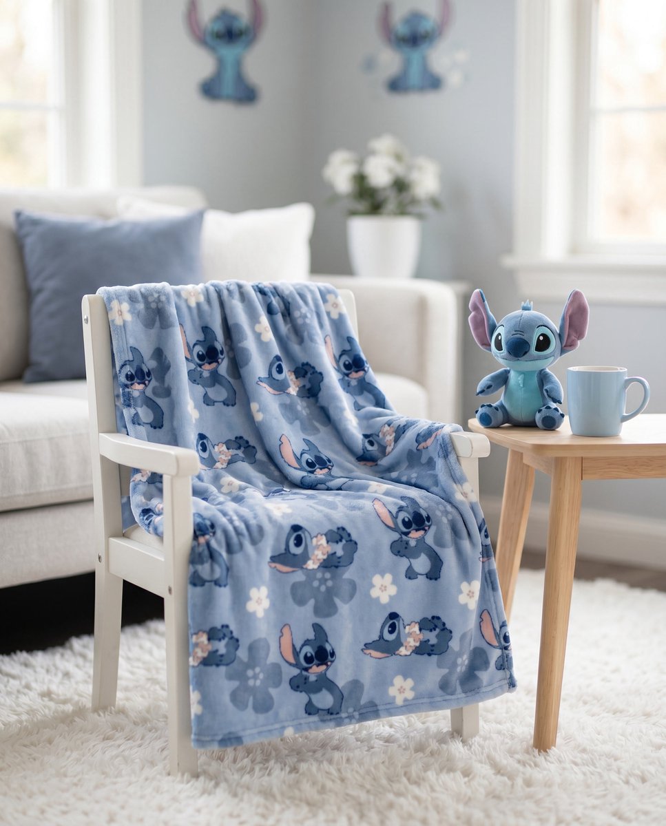 Flanel Deken Disney Stitch 130x160cm – All-Over Bloemen Blauw – 100% Polyester – Officiële Disney Licentie
