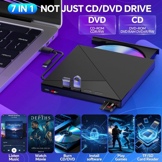 Extern CD/DVD Station geschikt voor Laptop, USB 3.0 & Type-C Draagbare DVD Brander en CD Lezer, met SD-/TF-kaartlezer en USB-Hub, Extern Optisch Station geschikt voor Windows 11/10/8/7, Mac, Linux en PC — afbeelding 5