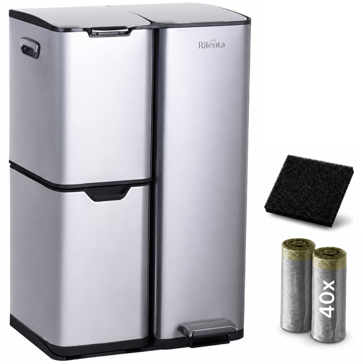 Bol.com Rilenta Prullenbak Afvalscheiding 60 Liter - 3 Vakken - 40 Vuilniszakken - Geurfilter - RVS - Pedaalemmer Keuken - Vuiln... aanbieding