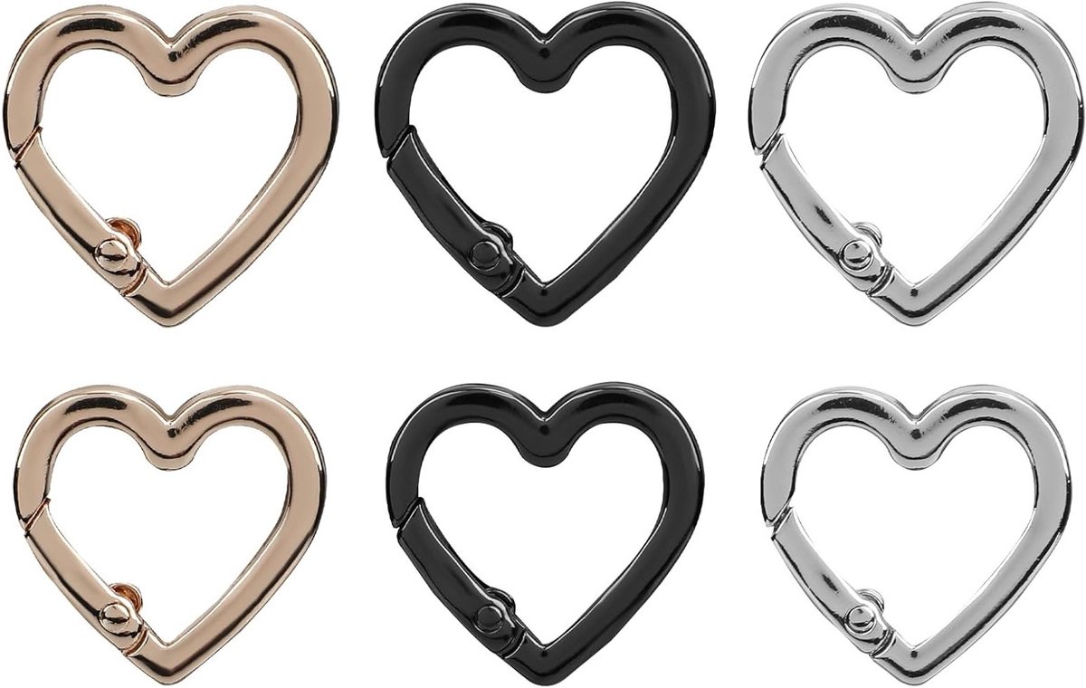 Set van 6 Hartvormige Carabiner Sleutelhangers, Schattige Metalen Locking Clips voor Sleutels, Rugzakken en Hondenlijnen - Ideaal voor Kampeerspullen en Waterflessen